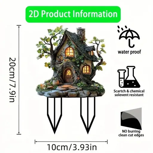 Enchanted 2D Flat Acrylic Light Effect Tree House Plant Stake, Elf Cottage Yard Stake, Waterproof Decor For Christmas Halloween Garden Arrangement