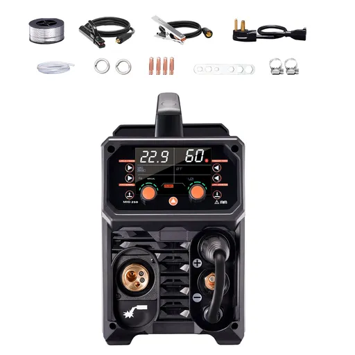 Pro MIG Welder, 250Amp Pluse Mig Welding Machine, 5-in-1 Synergic Welder Machine MIG Pluse/Gas MIG/Flux Core MIG/Stick/Lift TIG with IGBT Inverter Technology and LCD Screen Display