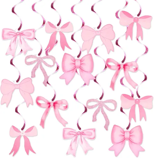 Pink Bow Garland, 20Pcs Bow Birthday Banner, Girl Theme Party Garland Banner, Pink Swirls Decoration for Baby Shower, Bridal Shower, Bachelorette