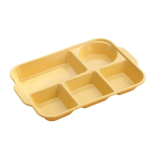 Unbreakable Divided Plates, 5-Compartment Wheat Straw Tray Divided Food Plates Lunch Trays Section Plates for Kids Adults, Microwave Dishwasher Safe, BPA Free Yellow