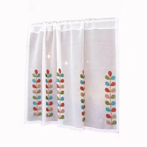 150*60cm Semi Sheer Curtain Valance for Windows Kitchen Cafe, Colorful Leaves Embroidery Curtain Window Treatment Festival Home Decoration