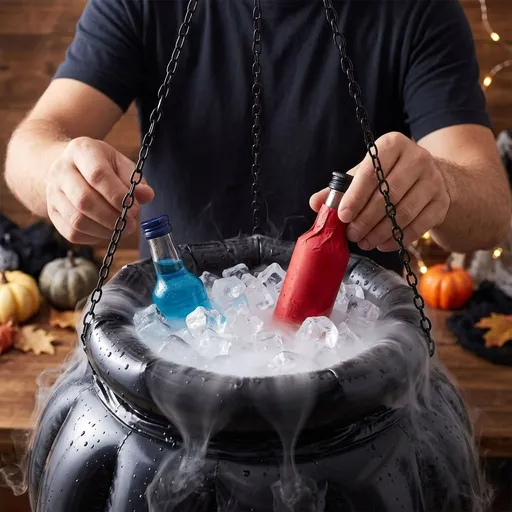 Halloween Inflatable Witch Cauldron Cooler With Mist Maker, Black Pumpkin Ice Bucket With LED Lights and Hanging Chain for Drinks Candy Porch Party Bar Indoor Outdoor Decor 22 inch