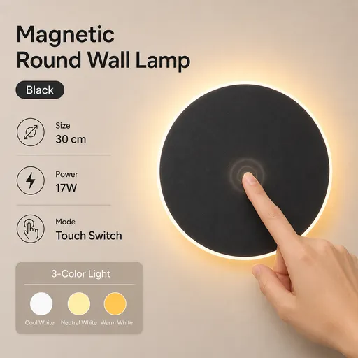 Magnetic Round LED Wall Lamp, Hardwired, Black 30cm, Touch Control, 3 Color Lighting, Modern Disc Wall Sconce