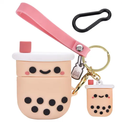 Phone Case Cover Cute Pink Milk Tea Design Compatible with AirPods 2 and 1 with Keychain