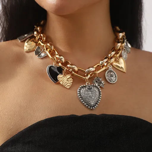 European and American Statement Exaggerated Heart & Floral Rhinestone Necklace - Adjustable Retro Chunky Clavicle Chain (Gold)
