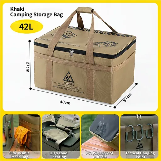 42L Collapsible Outdoor Tactical Organizer, Oxford Fabric Large Capacity Camping Gear Storage Bin with Waterproof PVC Base & Hanging Webbing for Picnic, Hiking, Camping & Kitchen Utensils, Khaki 38 x 26 x 30cm