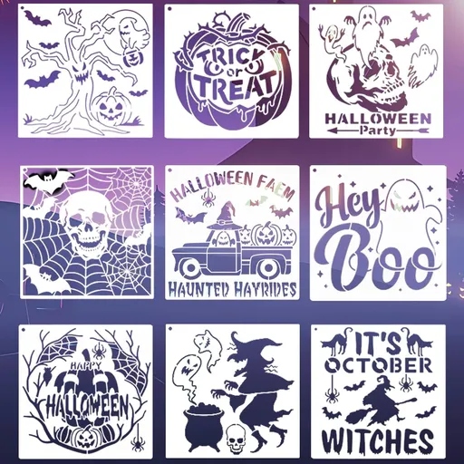 9 Pack Halloween Painting Stencils, Reusable Plastic Templates for Wood, Walls, Windows, Doors, Cards, Crafts and DIY Party Decorations
