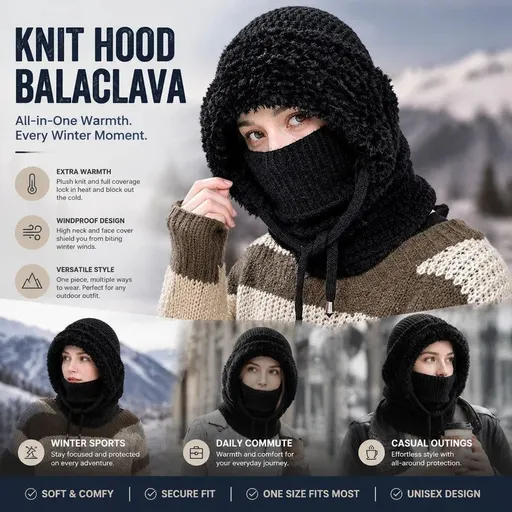 Hard-Wearing Wind Block Integrated Knit Hat Black One Size, Fashion Pick For Ski Holidays & Everyday Outfits