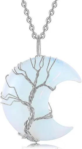 Tree of Life Wire Wrapped Crescent Moon Pendant Necklace Reiki Healing Crystal Stone Necklaces Natural Gemstone Quartz Jewelry for Women