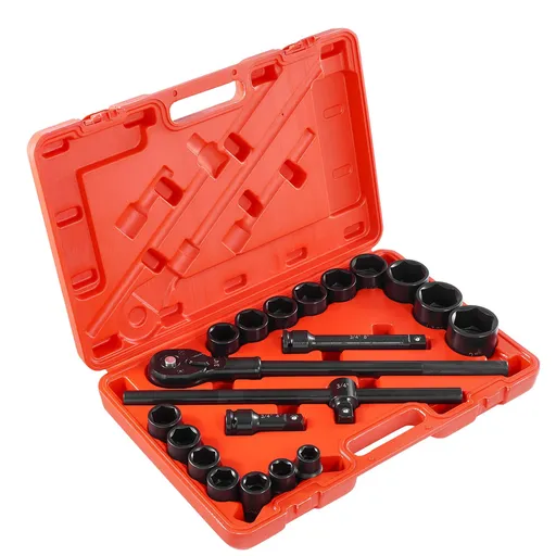 3/4 in Drive Impact Socket Set, 21 Pieces SAE 3/4 in to 2 in, 6 Point Cr-V Alloy Steel for Auto Repair, Easy-to-Read Size Markings, Includes Extension Bars, Ratchet Handle and Storage Case