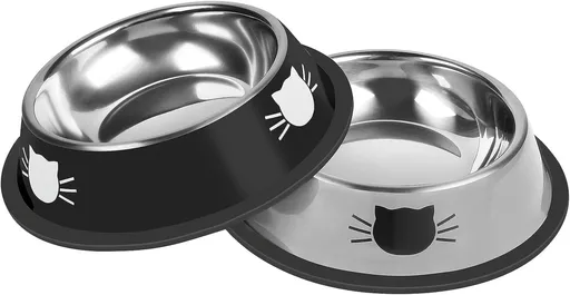 Cat Bowls Non-Slip Stainless Steel Small Cat Food Bowls Unbreakable Thicken Cat Feeder 7 Oz Cat Dishes Suitable for Indoor Small Pets Removable Rubber Base Easily Clean Lovely Color Silver, Black