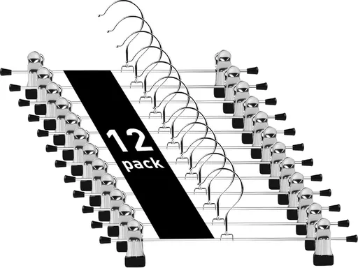 Set of 12 Clothes Hangers - Trouser Hangers - Chrome Iron Metal Hangers - Trouser Hanger - Clothes Hanger - 30cm - Skirt Hangers - Non-Slip Hanger with Clips - Clothes Rack/Coat Rack/Jacket/Trouser Hanger - Metal - For Trousers Skirts Socks Underwear
