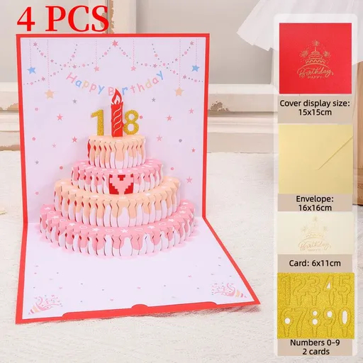 4-Pack - DIY Replaceable Number Cake 3D Pop-Up Birthday Cards, Papercut Foldable Greeting Gift Cards - Red