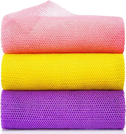 3 Pieces African Bath Sponge Exfoliating Scrubbing Long Net Rag Wash Shower Body Scrubber, Yellow Pink Purple