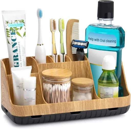 Bathroom Organizers Countertop - Detachable 7 Slots Kids Electric Toothbrush and Toothpaste Holde Drainage for Bathroom Accessories Organization Counter Vanity Sink Storage, Wood