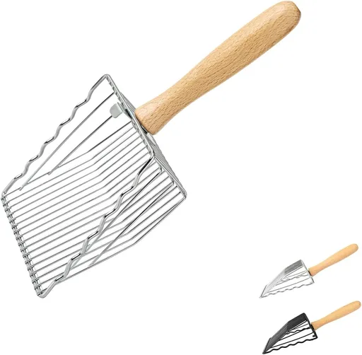 Premium Metal Cat Litter Scoop, 5X Faster Speed Sifter, Heavy Duty Steel Kitty Scooper, Beech Wood Handle, for All Litter Types, Silver