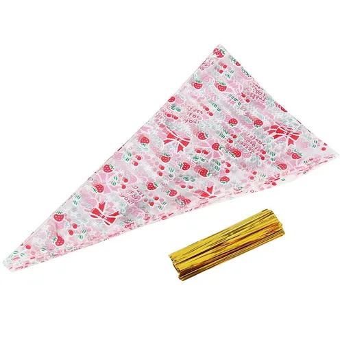 Clear Cone Shaped Treat Bags 17 x 30cm with Twist Ties Cherry 50 Piece