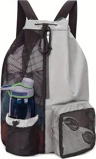 Drawstring Backpack, Mesh Backpack, Beach Bag Backpack, Large Capacity Backpack with Wet Bag, Travel Gym, Light Grey