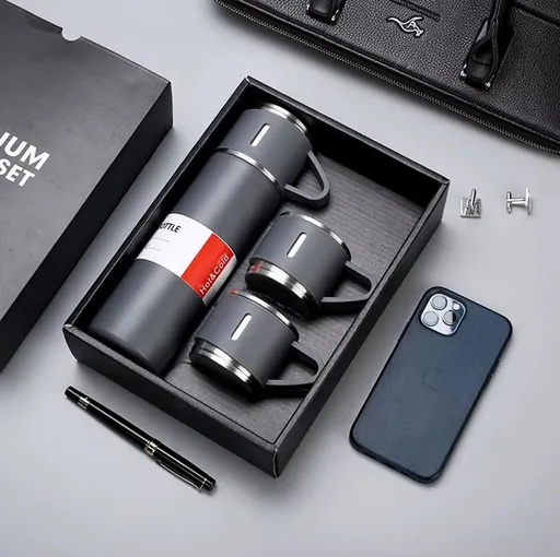 Stainless Steel Vacuum Flask Gift Set with 2 Sharing Cups — 500ml Double-Wall Insulated Bottle | 12H Hot, 24H Cold | Coffee & Tea Travel Mug | Father's Day Birthday Gift - Gray - Size 500ml