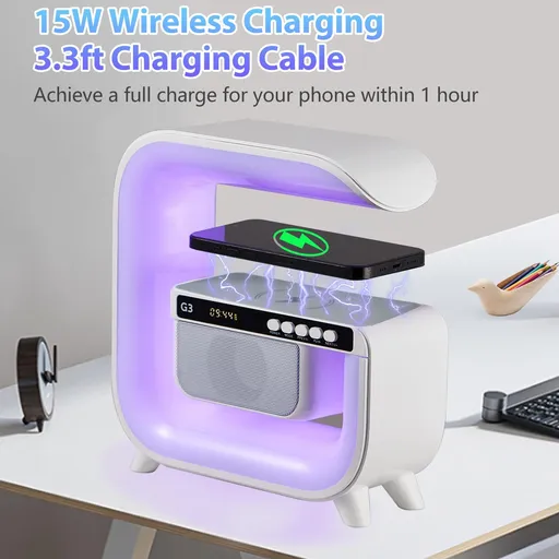 Hi-Fi Sound Wireless Speaker Lamp,Night/Atmosphere/Table/Bedroom Light with 15W Wireless Charging Station,RGB LED Show