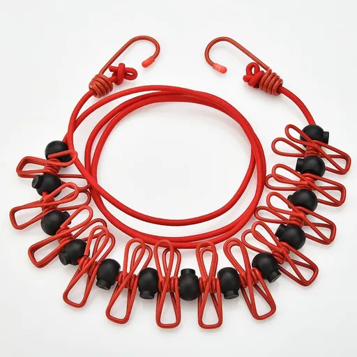 Red Portable Windproof Travel Clothesline and Velvet Storage Bag - 1.8M to 4M High Elastic Travel Laundry Line with 12 Clips & 13 Positioning Beads to Prevent Clothes Tangling