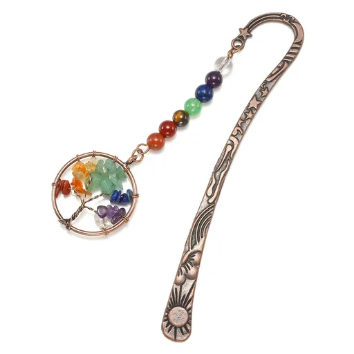 Unique Vintage Metal Bookmark Religious Bronze Star Sun Moon Bookmarks with 7 Chakra Crystals Healing Stone Beaded Tree