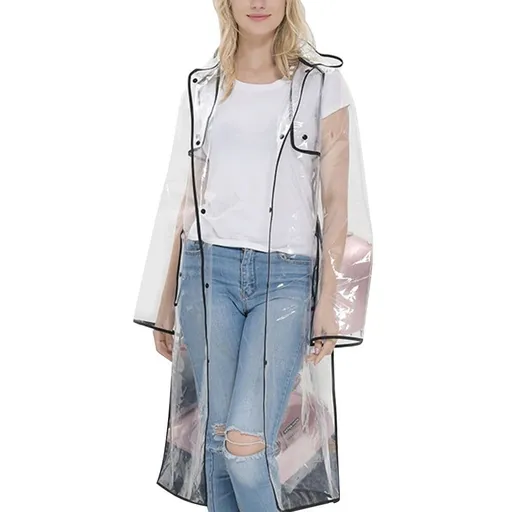 Transparent Hooded Raincoat for Women Ultra Lightweight EVA Material Black Color Midlong Size L