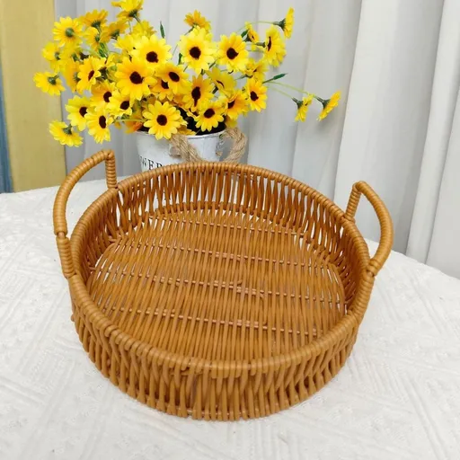 Handwoven Imitation Rattan Storage Basket Decorative Woven Tray for Snacks Fruit Dried Food Remote Control Coffee Table, 12x12 Inch