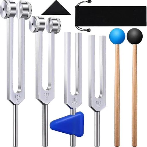 Tuning Forks Set 4 Pack 128Hz 256Hz 512Hz 528Hz with Hammer for Sound Healing Vibration Therapy