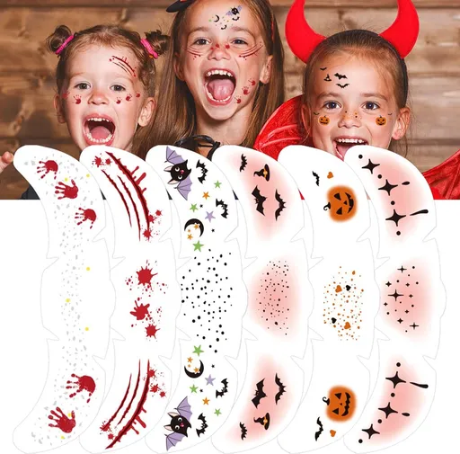 6 pieces - Temporary Face Tattoos - Halloween decoration - Glitter makeup stickers - Self-adhesive Tattoos for Adults - Festival Glitters - Face stickers - Halloween makeup
