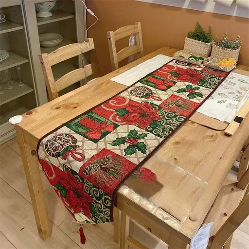 Xmas Festive Long Table Runner, Tabletop Ornament For Party, Household Cabinet Towel, 33*140cm, Pattern 13