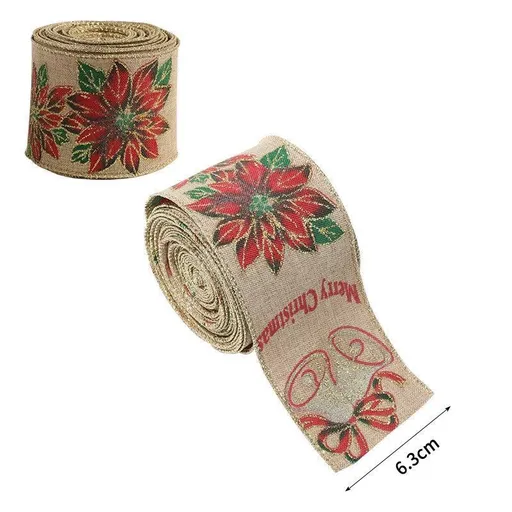 Burlap Ribbon Christmas Decorative 6.3CM Width 2M Red Flower Bell Motif