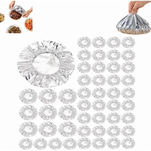 50PCS Reusable Aluminum Foil Heat-Retaining Cover, Kitchen Fresh-Keeping Insulation Film,Reusable Elastic Bowl Covers, Adjustable Food Storage Covers for Kitchen
