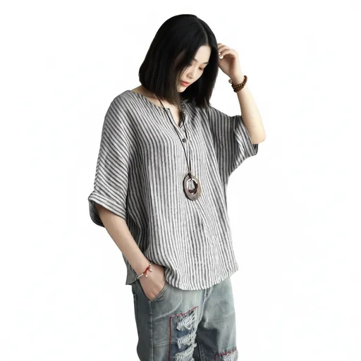 Women Striped Cotton Blend Batwing Casual Top T-Shirt grey M