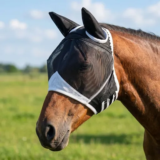 Horse Fly Mask with Ears and Detachable Nose Cover, UV Protection Breathable Mesh Equine Mask for Turnout & Training, Extra-Wide Strap for Sensitive Eyes, Adjustable (Black, L-Horse)