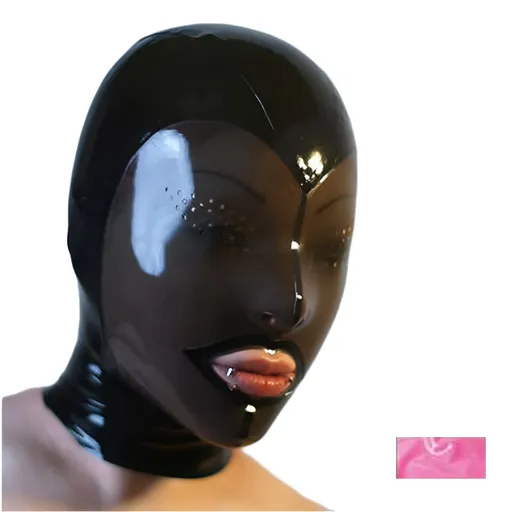 House Of Dasein Fetish Mask With Back Zip Transparent Black Face Hood Latex - Pink