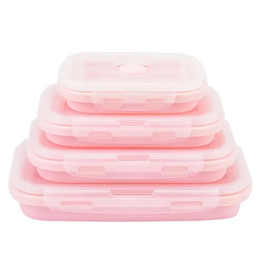 Pink Collapsible Silicone Bento Box Set – 4-Piece Food-Grade Microwave & Freezer Safe Lunch Box Set