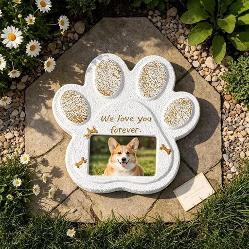 Pet Memorial Headstone for Dog Cat Resin Cement Pet Grave Marker with Photo Frame Paw Print Heart Tombstone Customizable Picture Slot Pet Memorial Plaque for Outdoor Garden Backyard - White - Size 15*15cm