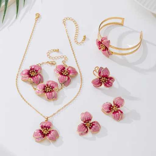 White Floral Enamel Jewelry Set – Five-Piece Alloy Accessory Collection with Minimalist Botanical Design