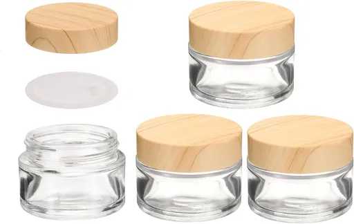 1 Set Round Glass Jars with Wood Lids, 1oz/30g Refillable Cosmetic Containers Glass Makeup Containers for Sample, Cream, Lotion, Powder Clear