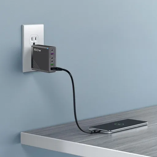 160W Multi Port Fast Charger USB Fast Charging Block with 6 Ports 3 USB C and 3 USB A for Multiple Devices US Plug White Black