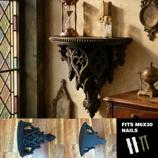 Lightweight 3D-printed scroll wall shelf, black, with m6x30 nails.