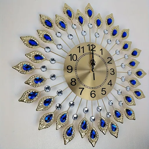 Blue Silver Peacock Wall Clock Crystal Wall Clock Home Decor Clock Large Wall Clock