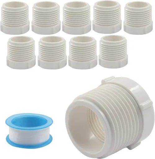 10 Pack 1 Inch Male Thread to 1/2 Inch Female Threaded PVC Pipe Fittings Connector, Reducer Bushing Adapter Coupling with Teflon Tape (White)