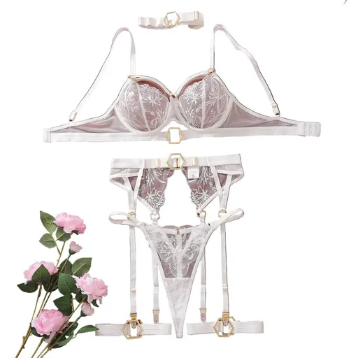 House Of Dasein Metal Buckle Embroidery Mesh Splicing Heavy Duty Erotic Lingerie Five Piece Set - White - M