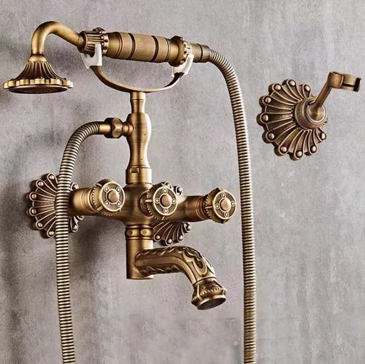 Bathtub Faucet with Handheld Shower – Antique Brass Wall-Mounted Multifunctional Mixer Tap, Hot & Cold Water, Vintage Bathroom Tub Faucet - Bronze - Size A