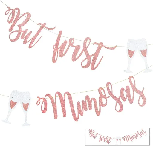 Mimosa Bar Sign But First Mimosas Rose Gold Banner, Decorations for Bridal Shower Baby Bachelorette Party Engagement Wedding Graduation Fiesta Bubbly Champagne Brunch Birthday Rosegold