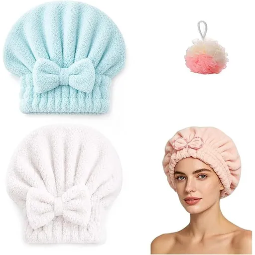 Coral Velvet Cute Bow Bath Cap, Lightweight Comfort, Super Absorbent & Lint-Free, Quick Dry Hair Towel Wrap