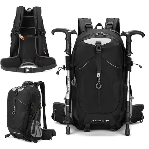 40L Black Lightweight Outdoor Hiking Backpack with Detachable Suspended Frame & Rain Cover - Waterproof Travel Daypack, Multi-Pocket Storage and Gear Attachments for Trekking Camping Cycling Adventures