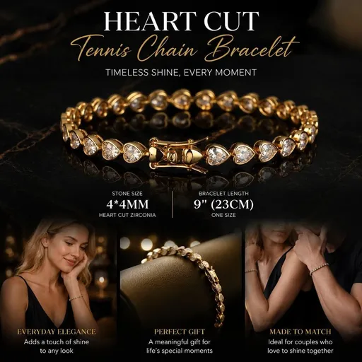 4*4mm Heart Bezel Tennis Bracelet, Copper Single Row Zircon Hip Hop Jewelry, Sweet Couple Holiday Gift, 9 Inch 23cm Gold Tone